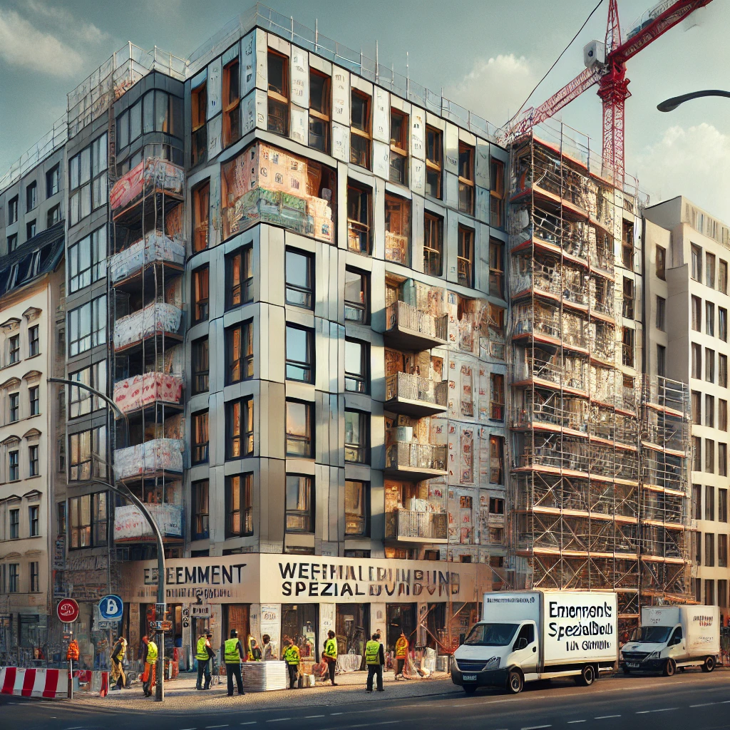 Moderne Gebäudefassade in Berlin während der Renovierung durch Elemente Spezialbau 1A GmbH