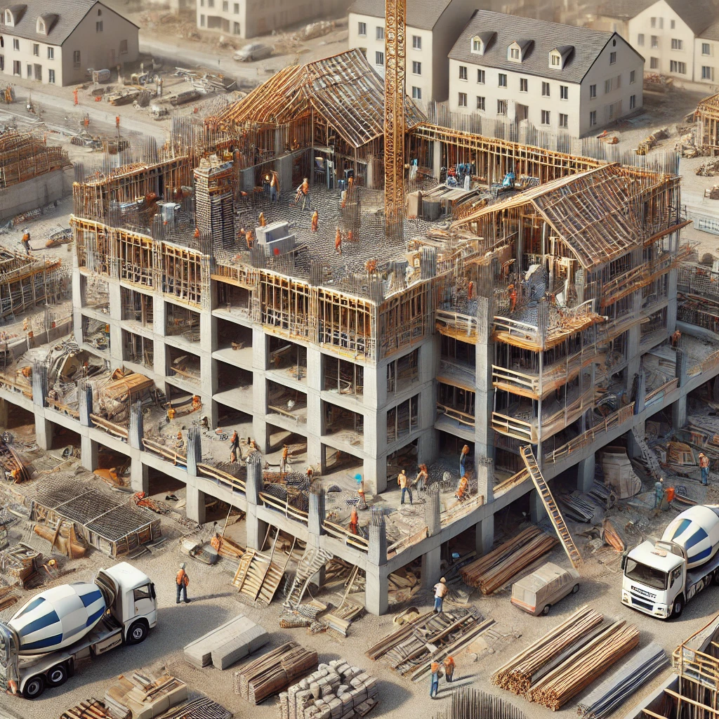 Rohbauphase auf einer Baustelle – Fortschritt und Präzision im Bauprozess Baustelle im Rohbau mit sichtbaren Fundamenten, Wänden und Dachkonstruktion, Bauarbeiter bei der Arbeit.